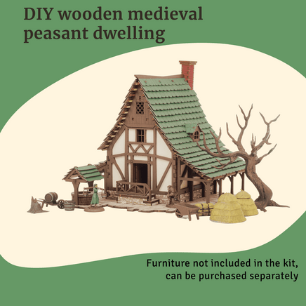 I BUILT IT - Green Gables - Pro Texture - side view - Medieval Peasant Dwelling - 28mm scale miniature - miniature terrain kit - 3D puzzle - DIY - MDF terrain kit - I BUILT IT Miniatures - wooden puzzle - model kit